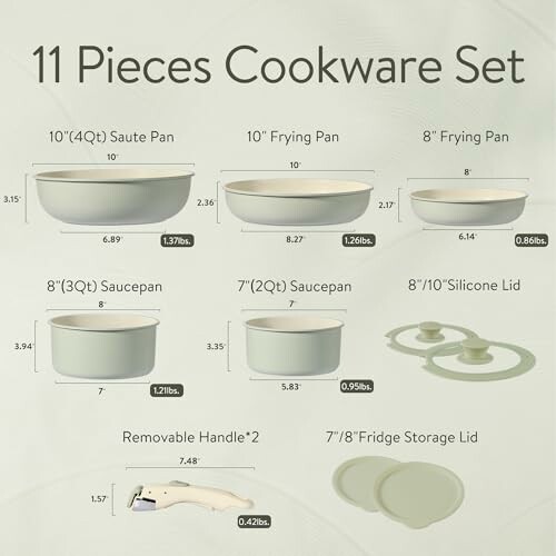 Image of an 11-piece cookware set including pans, saucepans, lids, and handle.