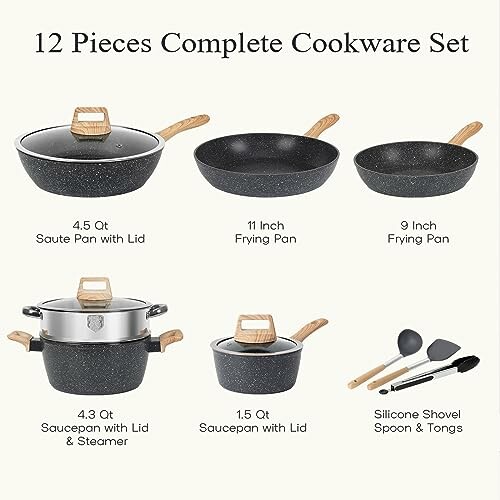 12-piece cookware set with pans, saucepans, and utensils.