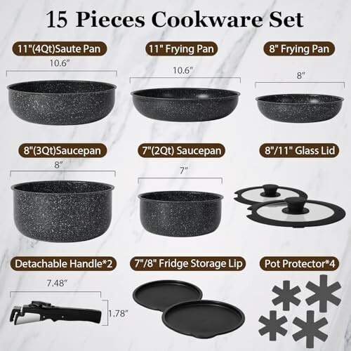 15-piece cookware set with various pans, lids, handles, and pot protectors.