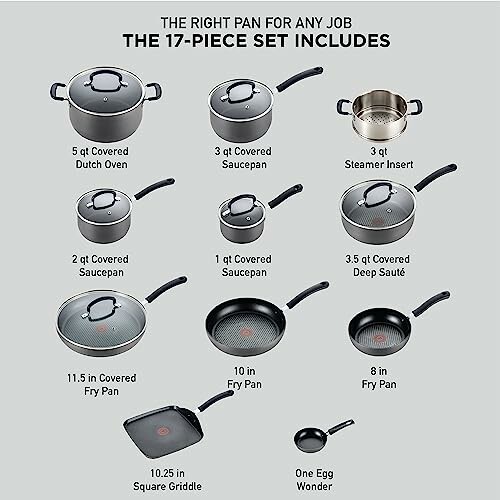 Image of a 17-piece cookware set including Dutch oven, saucepans, steamer, fry pans, and more.