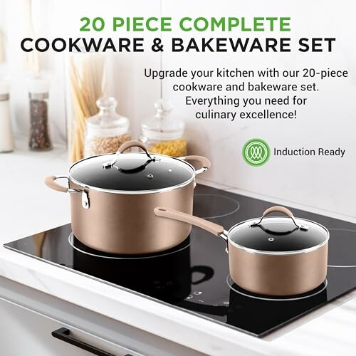 20-piece cookware and bakeware set on induction stove.