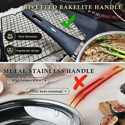 Comparison of riveted Bakelite and metal stainless handles on pans.