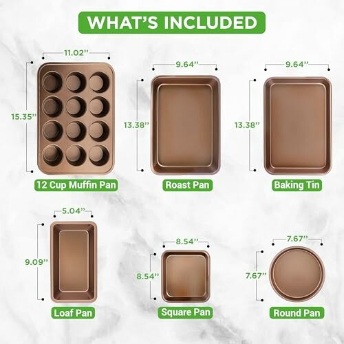 Bakeware set with muffin pan, roast pan, baking tin, loaf pan, square pan, and round pan.