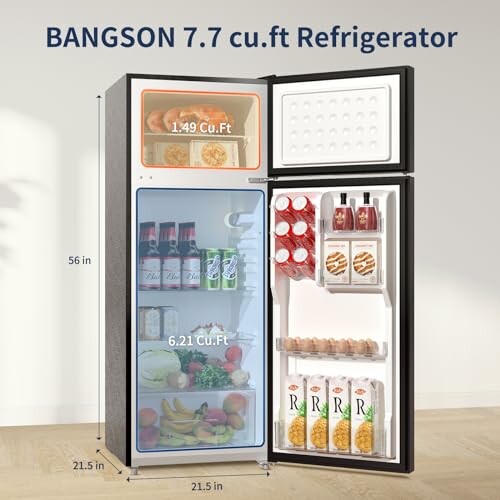 Bangson 7.7 cu.ft refrigerator with open doors showing storage capacity.