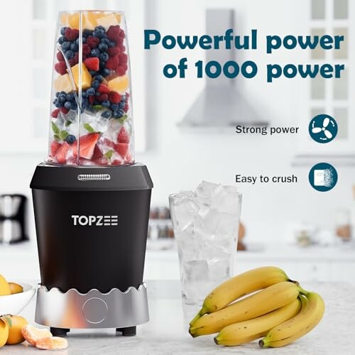 Blender with fruits and ice, bananas on counter