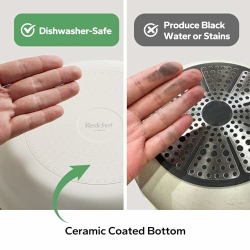 Comparison of a dishwasher-safe ceramic coated bottom with one that produces black stains.