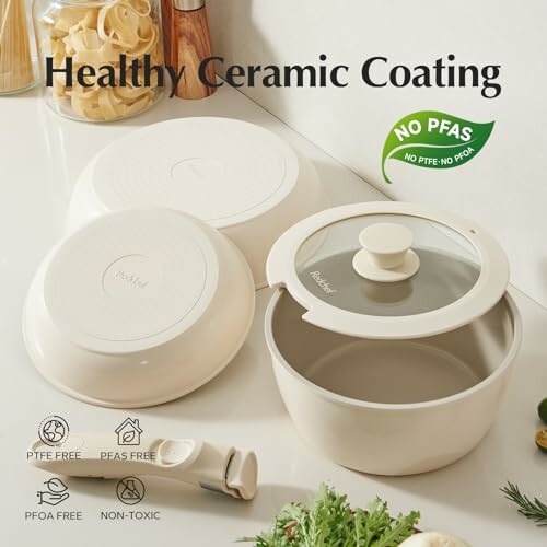 Ceramic cookware set with healthy coating features.