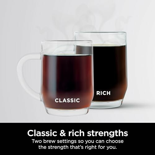 Two glass mugs with coffee labeled Classic and Rich.