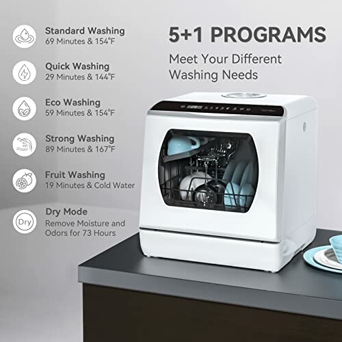 Compact dishwasher with various washing programs displayed.