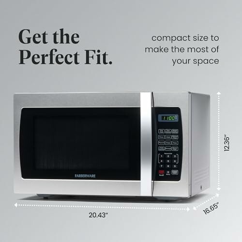 Compact microwave with dimensions 20.43 inches wide, 12.36 inches tall, and 16.65 inches deep.