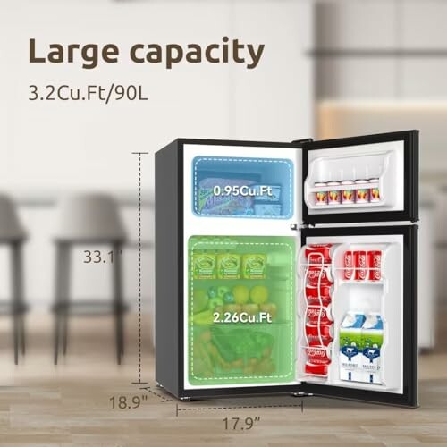 Open compact refrigerator showing large capacity with measurements and organized storage.