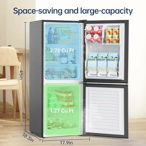 Compact refrigerator with labeled storage capacity in cubic feet, showcasing organized food items.