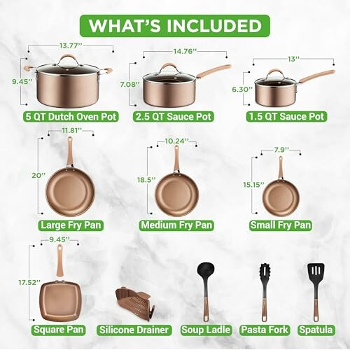 Copper cookware set with pots, pans, and utensils.