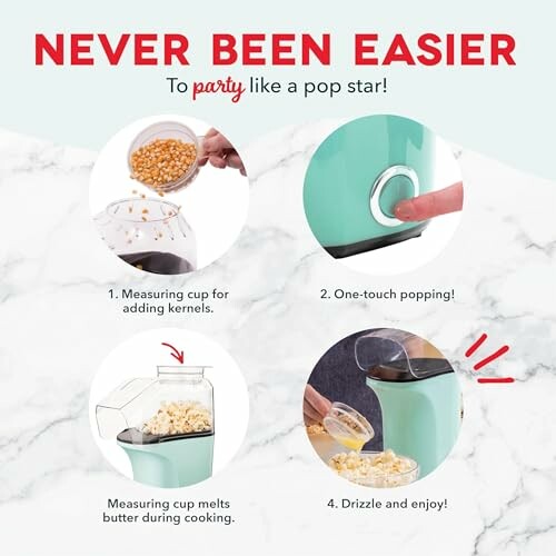 Steps for using a popcorn maker with one-touch popping feature.