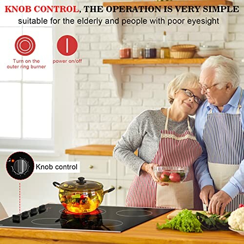 Elderly couple using a simple knob control stove in kitchen.