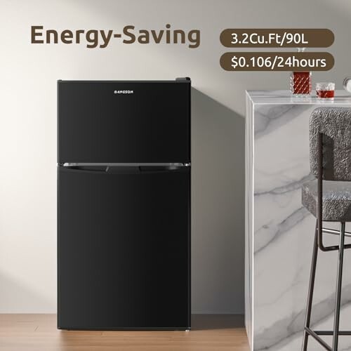 Black energy-saving refrigerator with 3.2 cubic feet capacity.