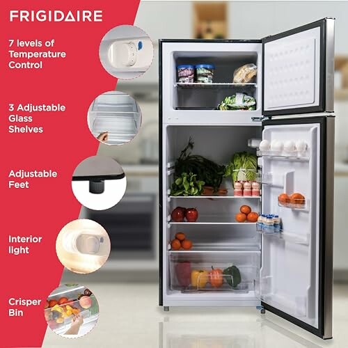 Frigidaire refrigerator with open doors showcasing interior and features.