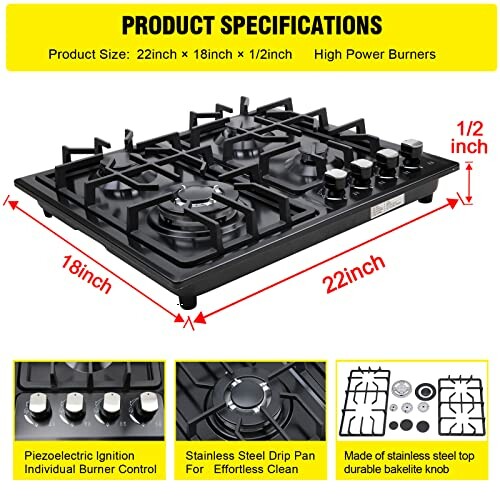 Gas stove cooktop with dimensions 22x18x0.5 inches and high power burners.