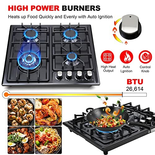 Gas stove with four burners, control knobs, and images of cooked dishes.