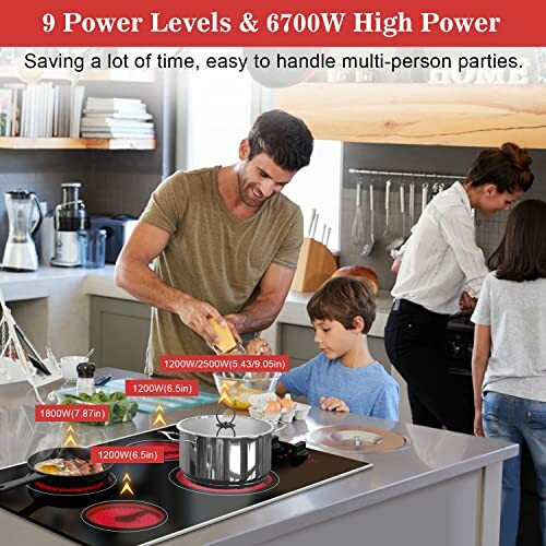 Family cooking on an induction cooktop with multiple power levels.