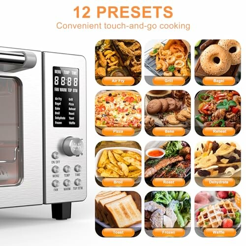 Kitchen appliance with 12 presets for cooking including air fry, grill, bagel, pizza, bake, reheat, broil, roast, dehydrate, toast, frozen, waffle.