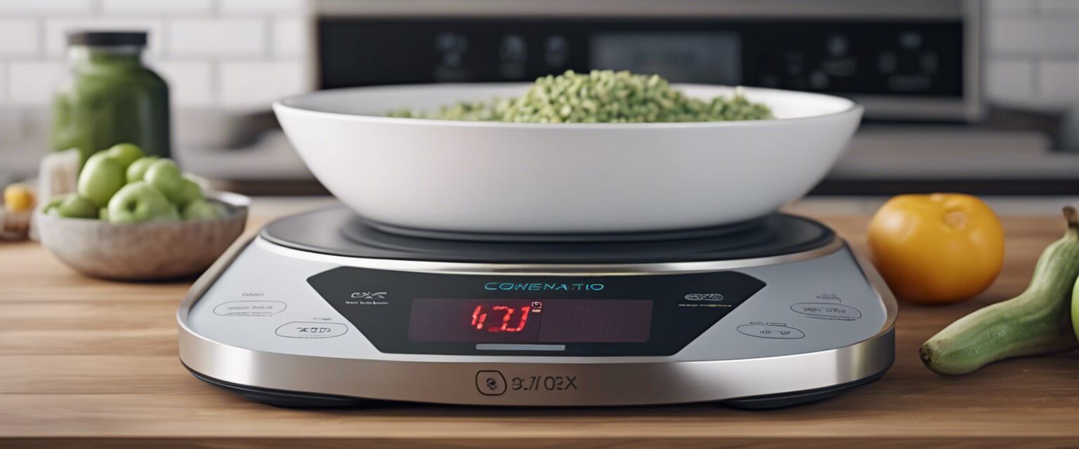 Close-up view of a smart scale in a kitchen setting.