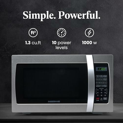 Microwave with specifications: 1.3 cu.ft, 10 power levels, 1000 watts.