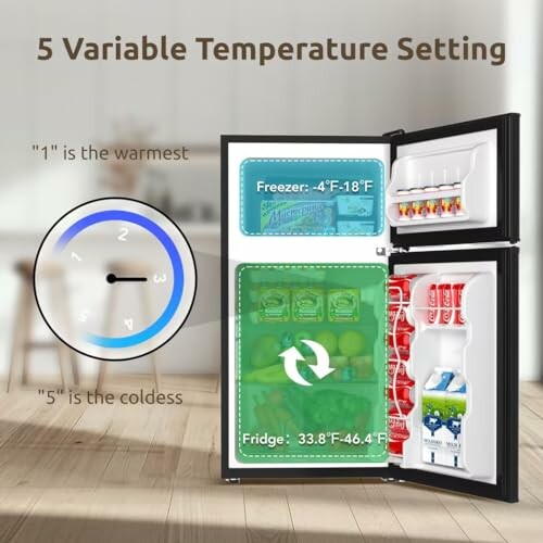 Mini fridge with 5 variable temperature settings, showing freezer and fridge sections.