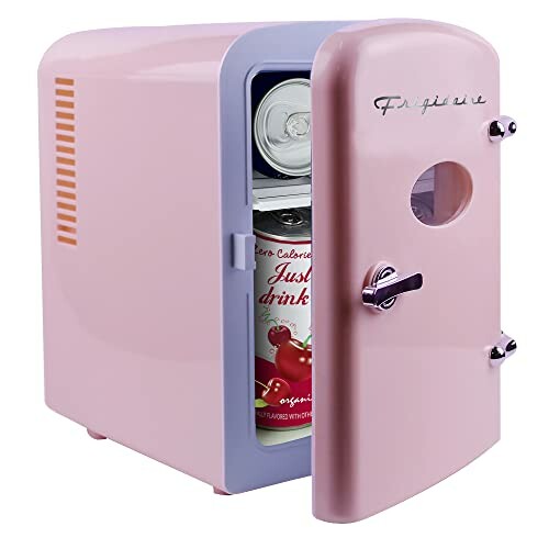 Small pink fridge with drinks inside