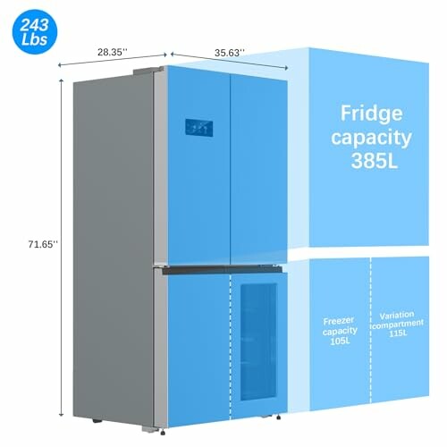 Diagram showing a modern fridge with dimensions and capacities.