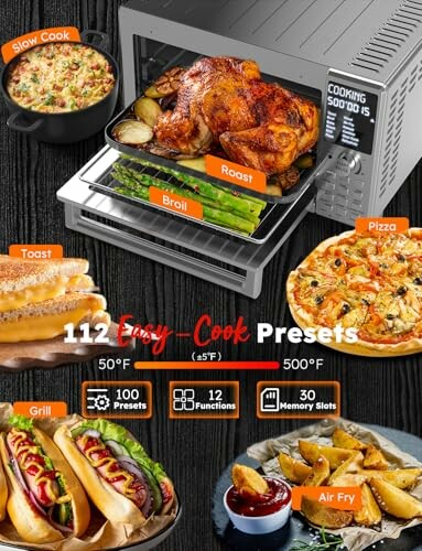 Multifunctional oven with roast and various foods like pizza and fries.