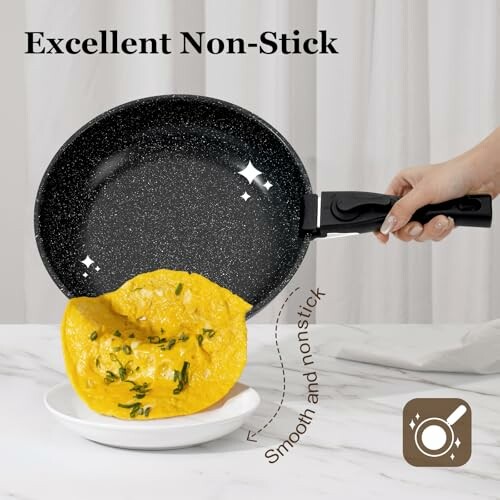 Non-stick pan with omelette sliding onto a plate.