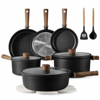 Black nonstick cookware set with wooden handles.