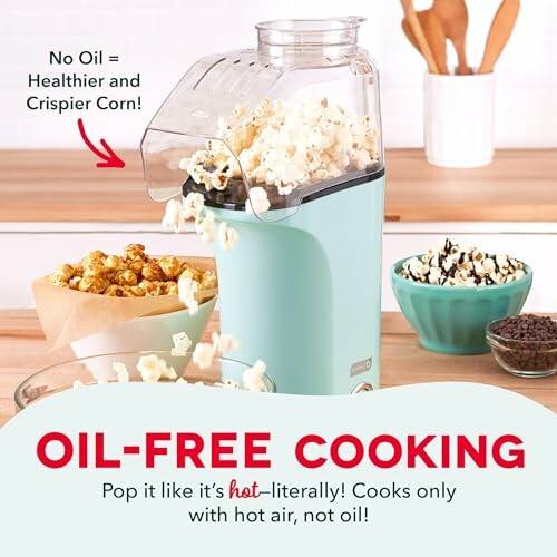 Air popcorn maker with popped corn, no oil needed.