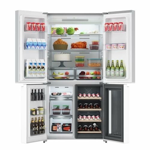 Open refrigerator filled with drinks, fruits, vegetables, and food items.