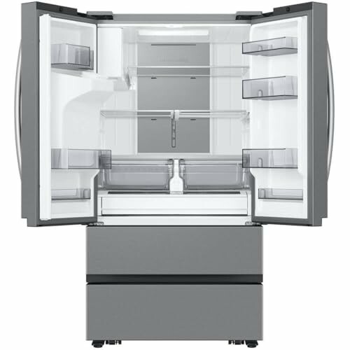 Open modern refrigerator with multiple shelves and drawers.