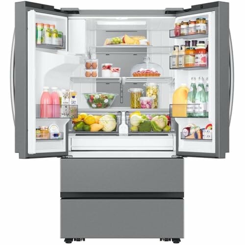 Open refrigerator filled with various foods and beverages.