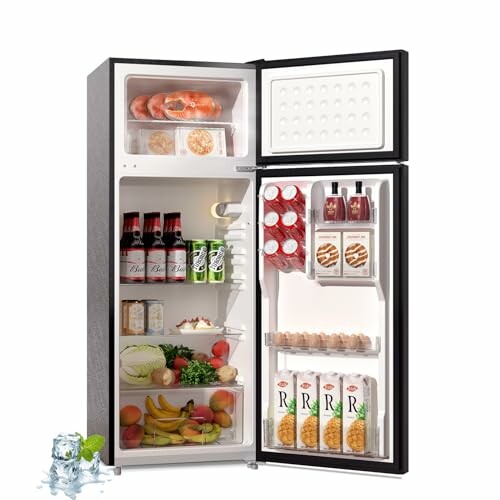 Open refrigerator filled with various food and drinks.