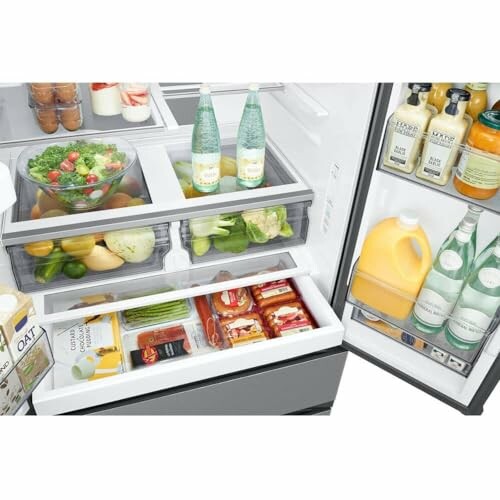 Open refrigerator with organized food and drinks.