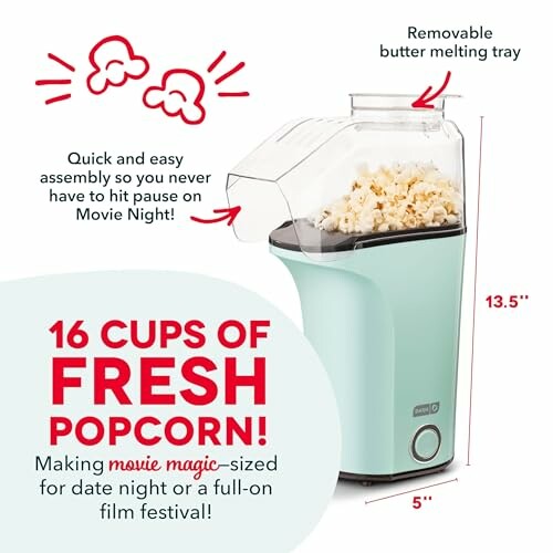 Popcorn maker with removable butter tray and popcorn, labeled dimensions.