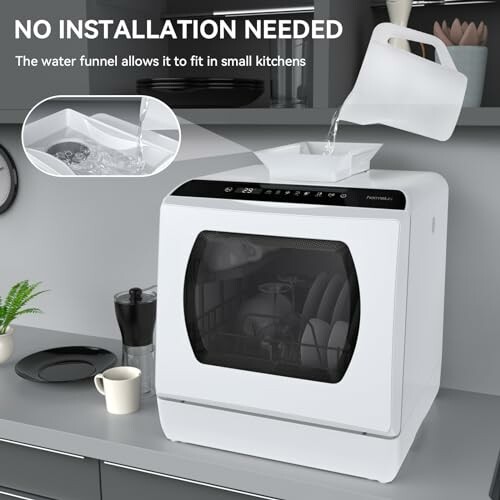 Portable countertop dishwasher with water funnel for easy use.