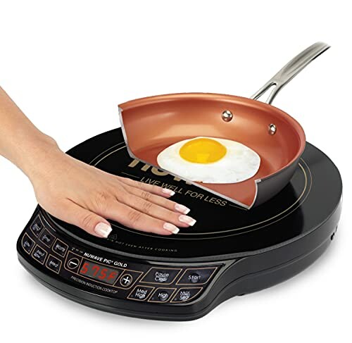 Hand demonstrating portable induction cooktop with frying pan and egg