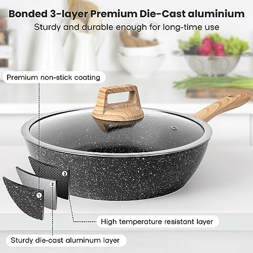 Non-stick frying pan with 3-layer die-cast aluminum construction.