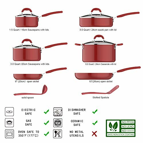 Red cookware set including saucepans, skillets, and spatula with safety features.