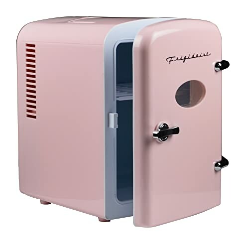 Pink retro mini fridge with open door