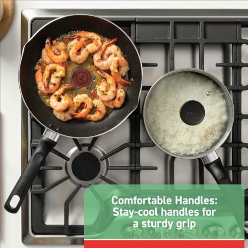 Shrimp cooking in a pan with rice beside on a stovetop.