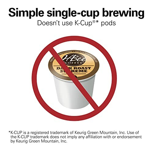 Illustration of a K-Cup coffee pod with a prohibition symbol, captioned 'Simple single-cup brewing. DoesnÃÂÃÂÃÂÃÂÃÂÃÂÃÂÃÂ¢ÃÂÃÂÃÂÃÂÃÂÃÂÃÂÃÂÃÂÃÂÃÂÃÂÃÂÃÂÃÂÃÂt use K-Cup pods.'