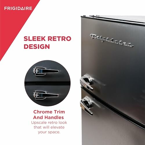 Sleek retro fridge design with chrome trim and handles.