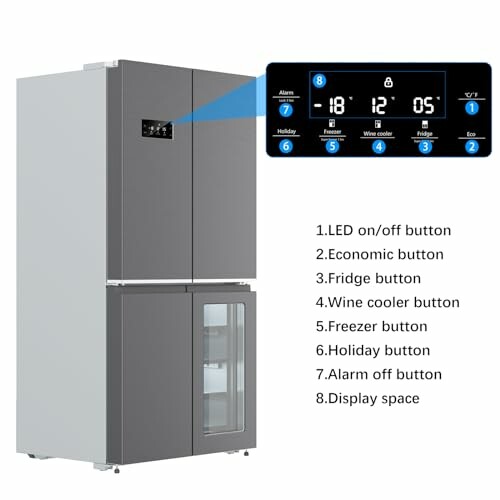 Smart fridge with digital control panel and labeled buttons.